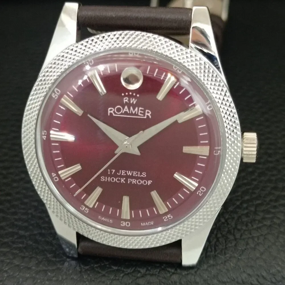 Vintage 1980 Roamer Manual Mens Silver Watch W/Leather Strap & Red accents